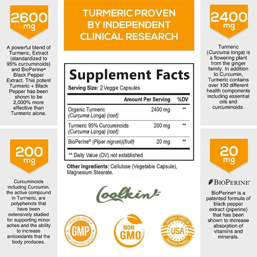 Curcumin Supplement with Black Pepper 2600 Mg Contains 95% Curcumin, Enhanced Absorption, Joint Support Supplement