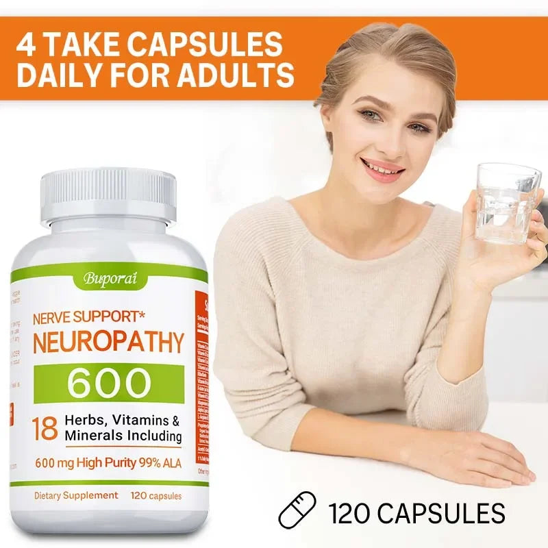 Neuropathy Support Supplement 600mg - Reduces Stress, Promotes Nerve Health and Brain Function, Cellular Energy, Non-GMO