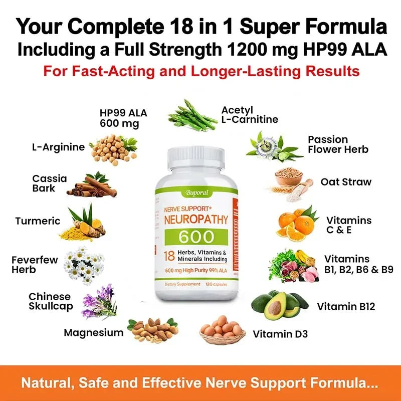 Neuropathy Support Supplement 600mg - Antioxidant, Reduces Stress, Promotes Nerve Health, Cellular Energy, Metabolism,Non-GMO