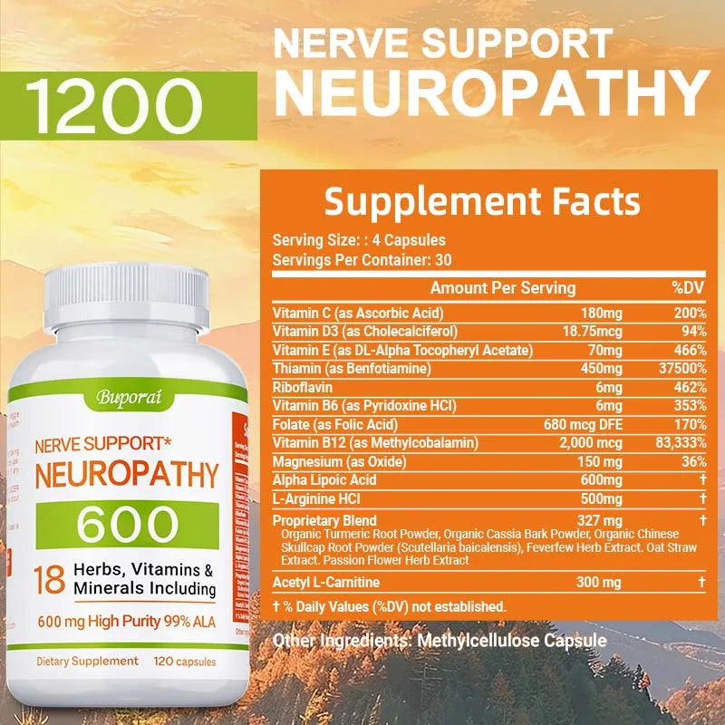 Neuropathy Support Supplement 600mg - Antioxidant, Reduces Stress, Promotes Nerve Health, Cellular Energy, Metabolism,Non-GMO
